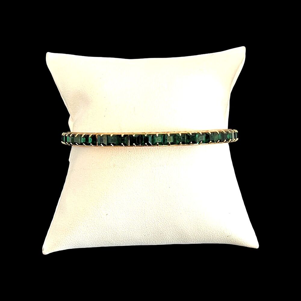 Vintage 1960s Bracelet Prong Set Emerald Green Rhinestone Gold Tone - 15E